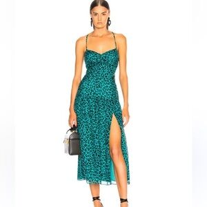 Michelle Mason teal and black leaopard print midi dress 100% silk nwt